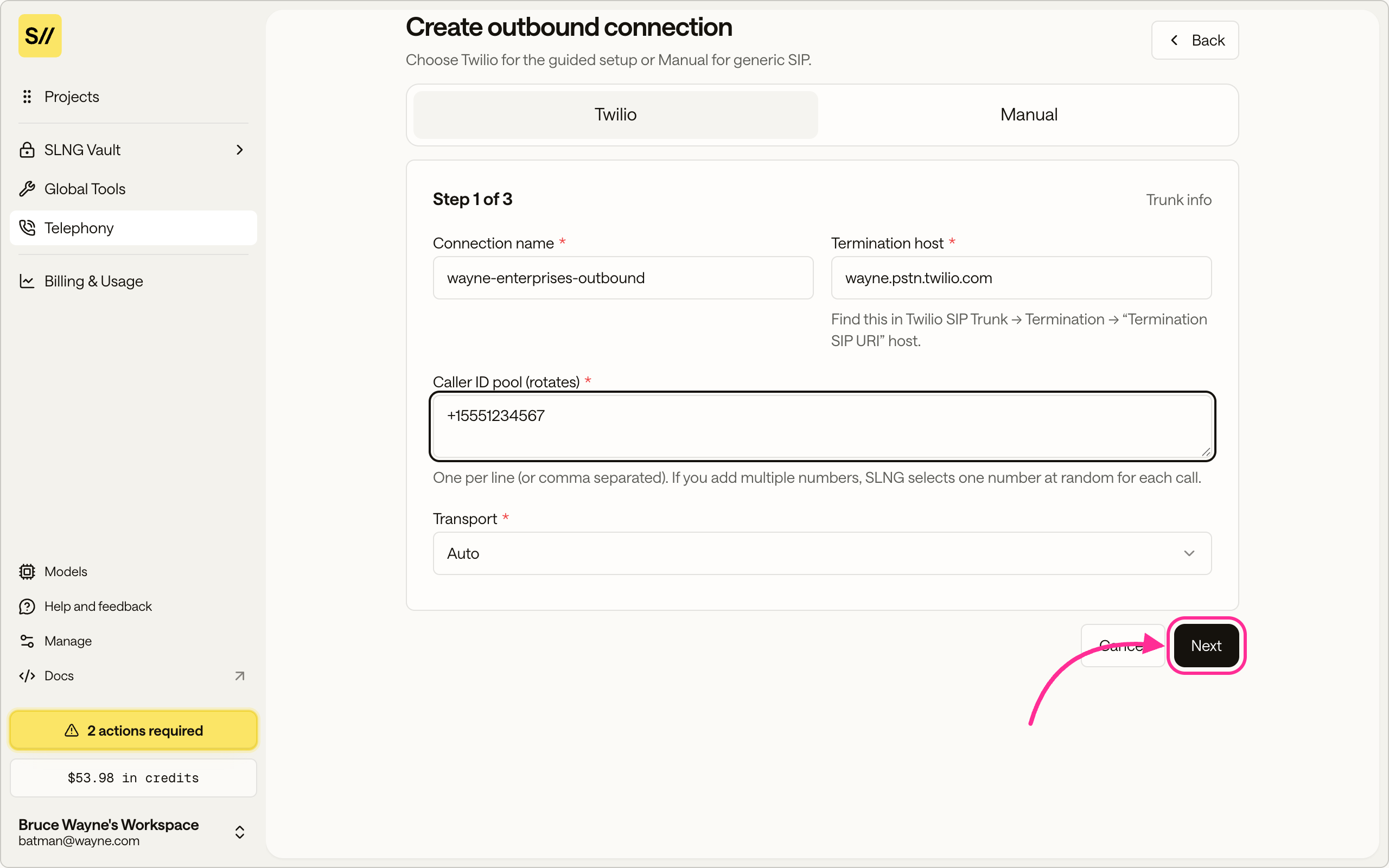 Step one of the create outbound connection wizard showing the name, termination host, caller ID, and transport fields