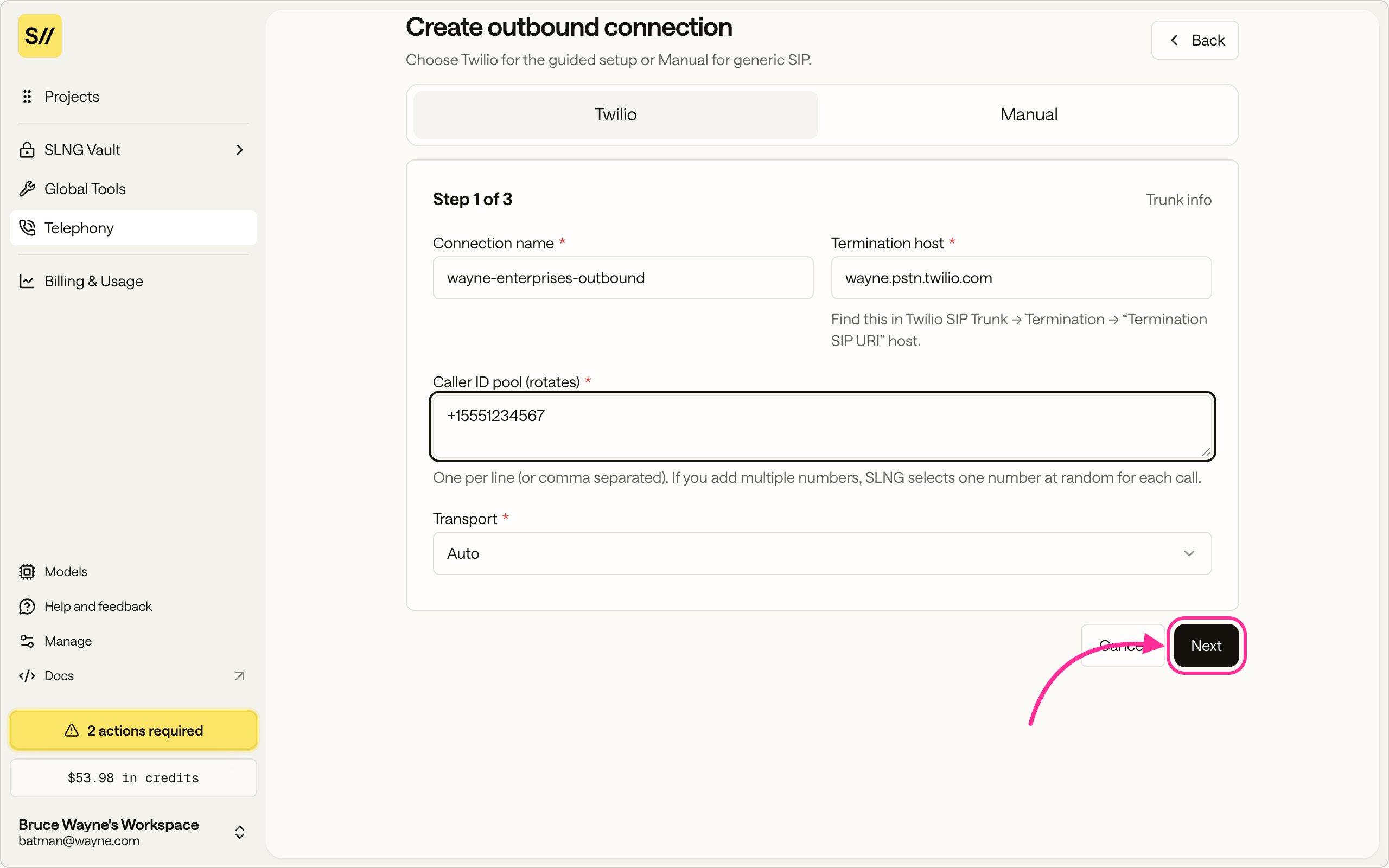 Step one of the create outbound connection wizard showing the name, termination host, caller ID, and transport fields