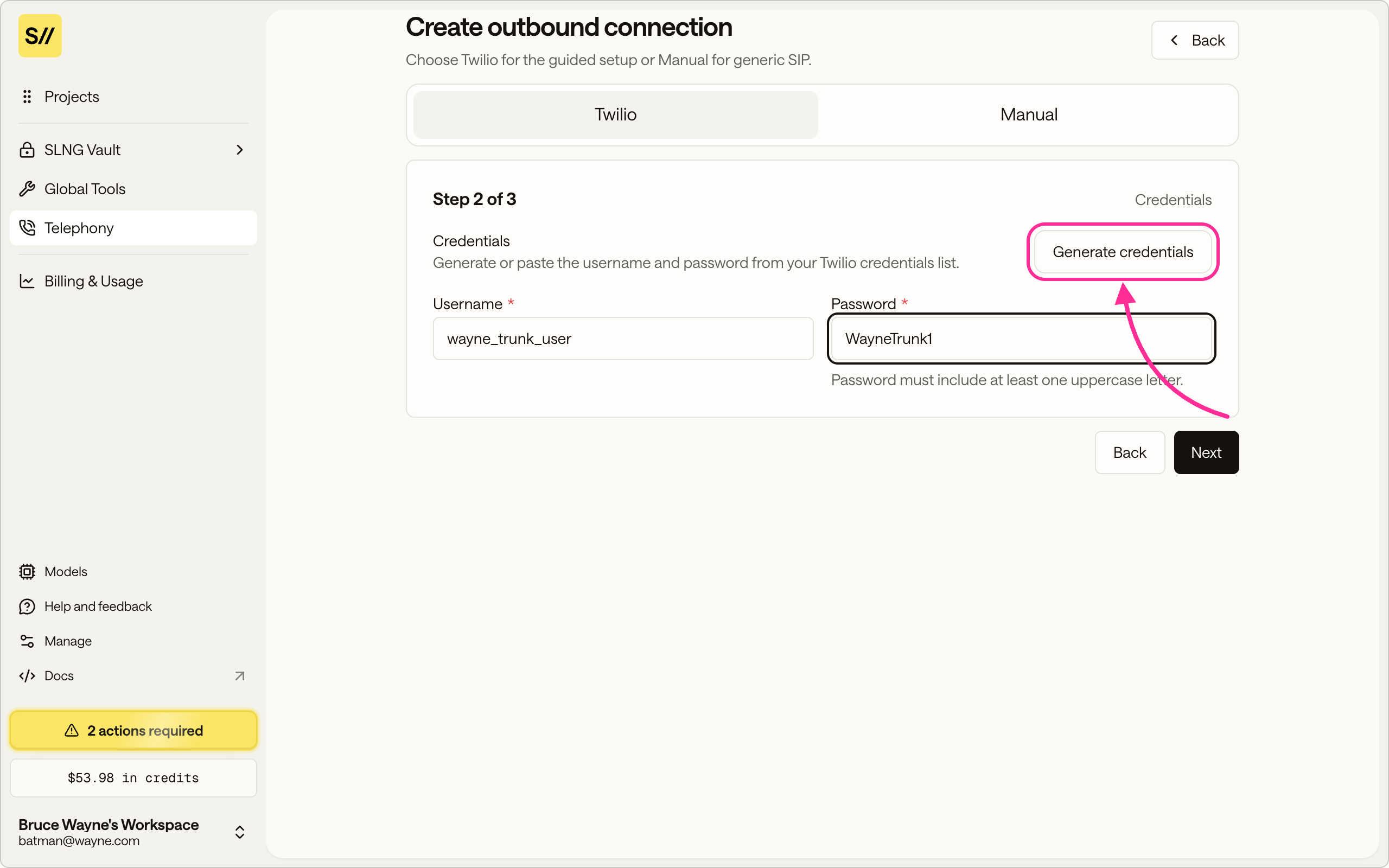 Step two of the create outbound connection wizard showing auth username and password fields with a generate button