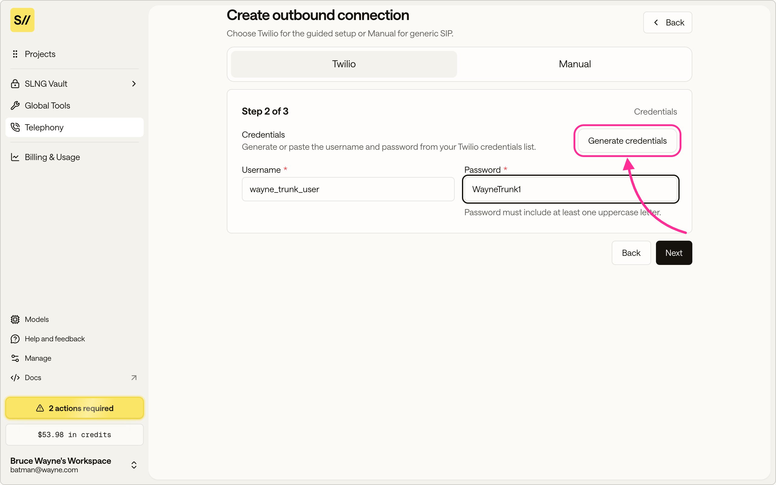 Step two of the create outbound connection wizard showing auth username and password fields with a generate button