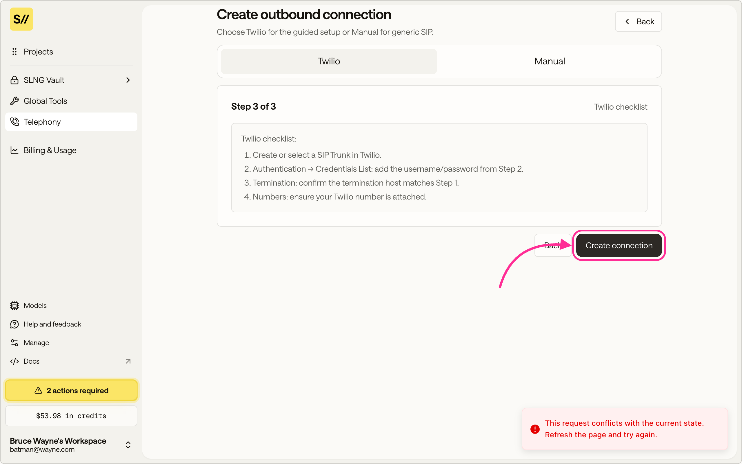 Step three of the create outbound connection wizard showing the Twilio checklist and the Create connection button