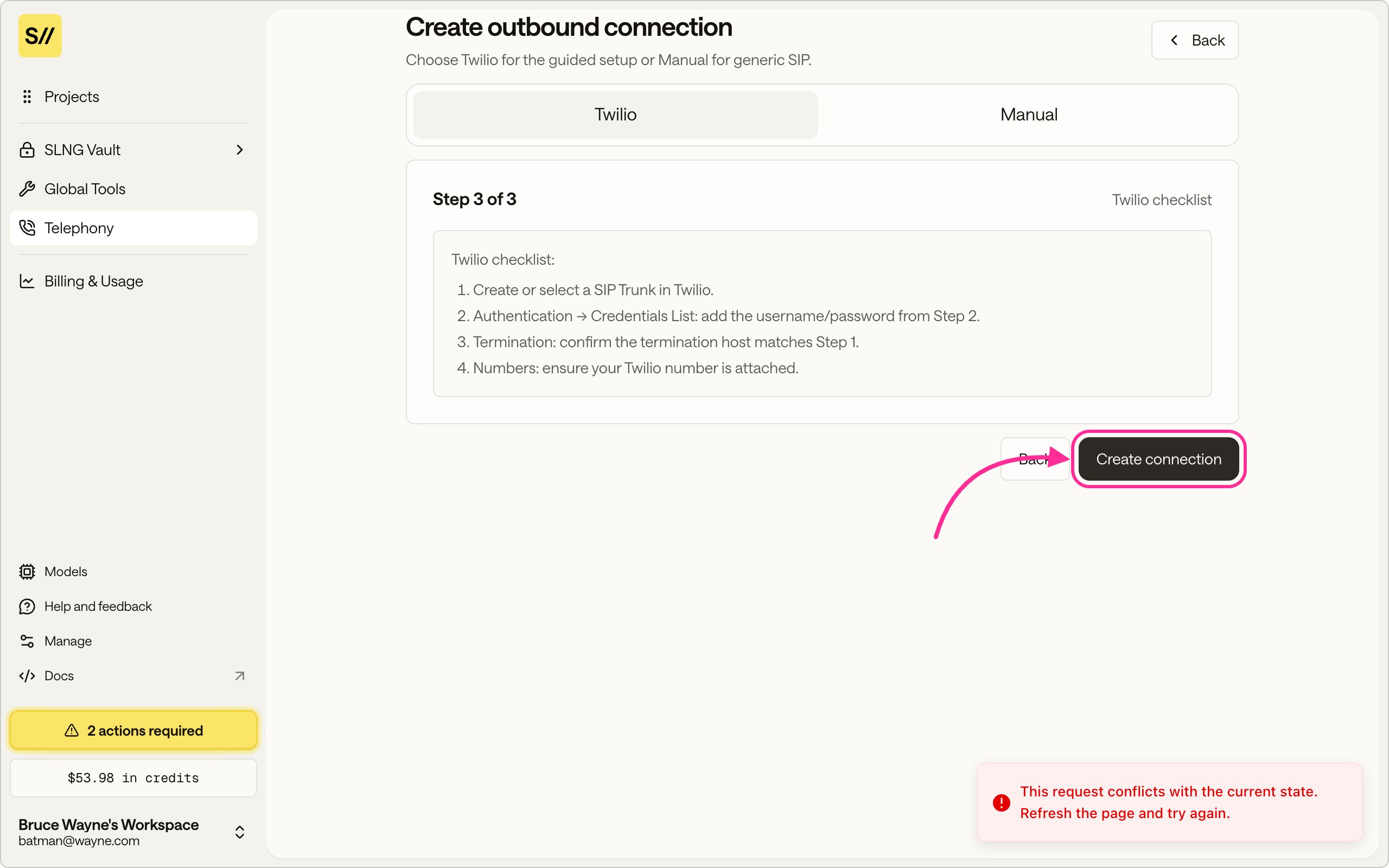 Step three of the create outbound connection wizard showing the Twilio checklist and the Create connection button