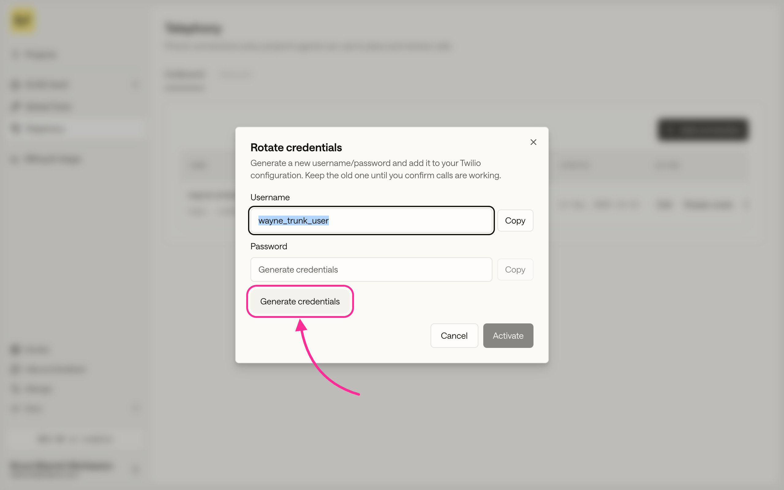 The Rotate credentials dialog with a generated username, a Generate credentials button, and Activate