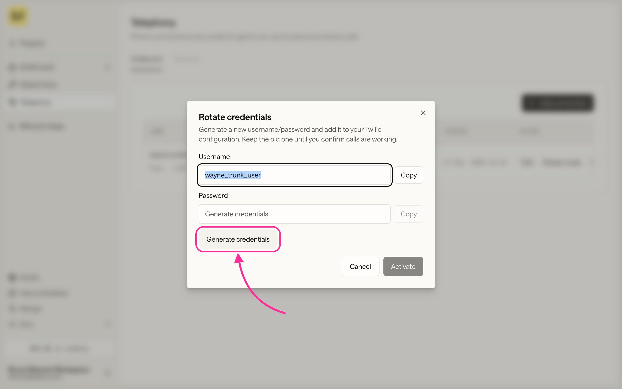 The Rotate credentials dialog with a generated username, a Generate credentials button, and Activate