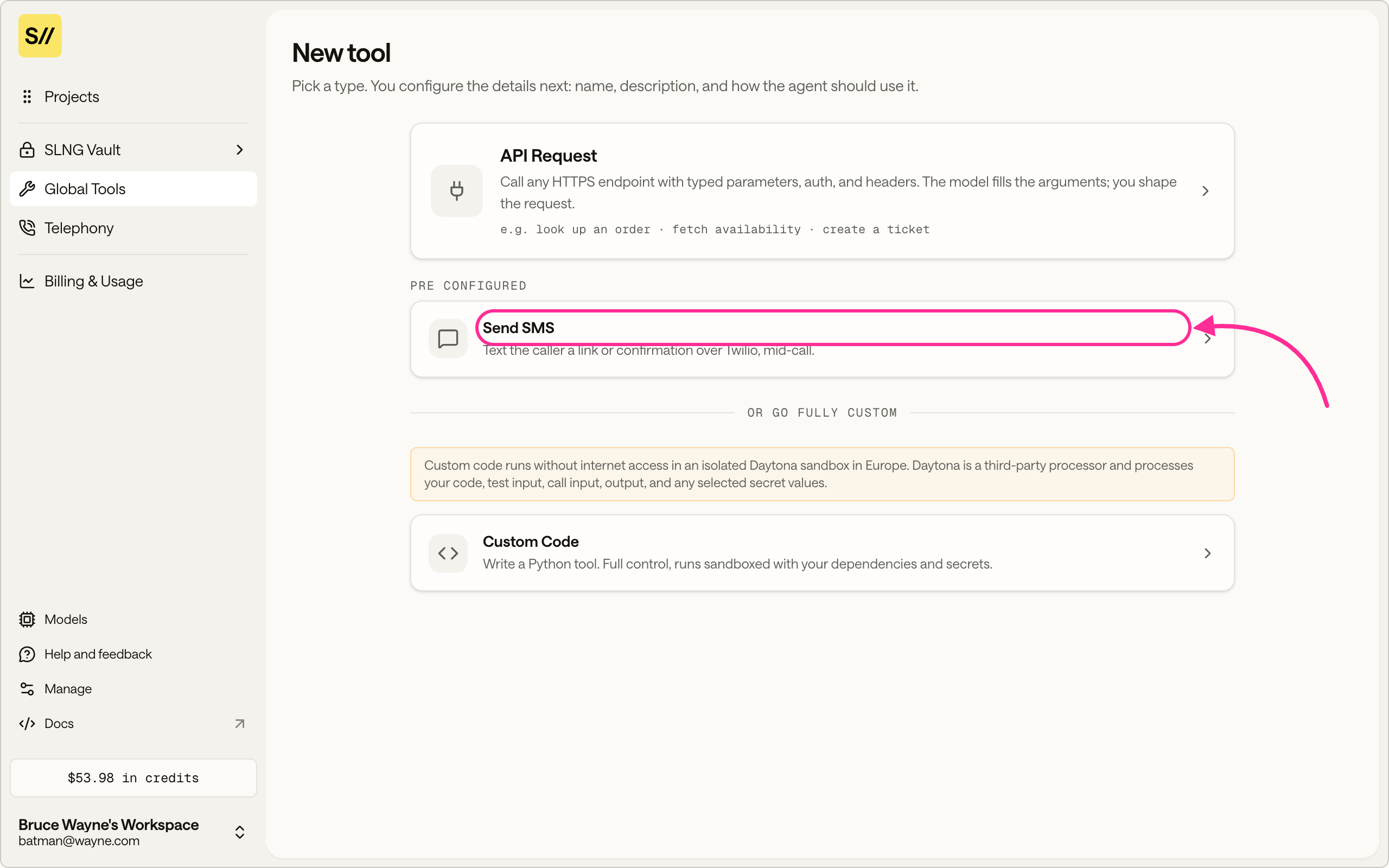 The New tool page with Send SMS highlighted