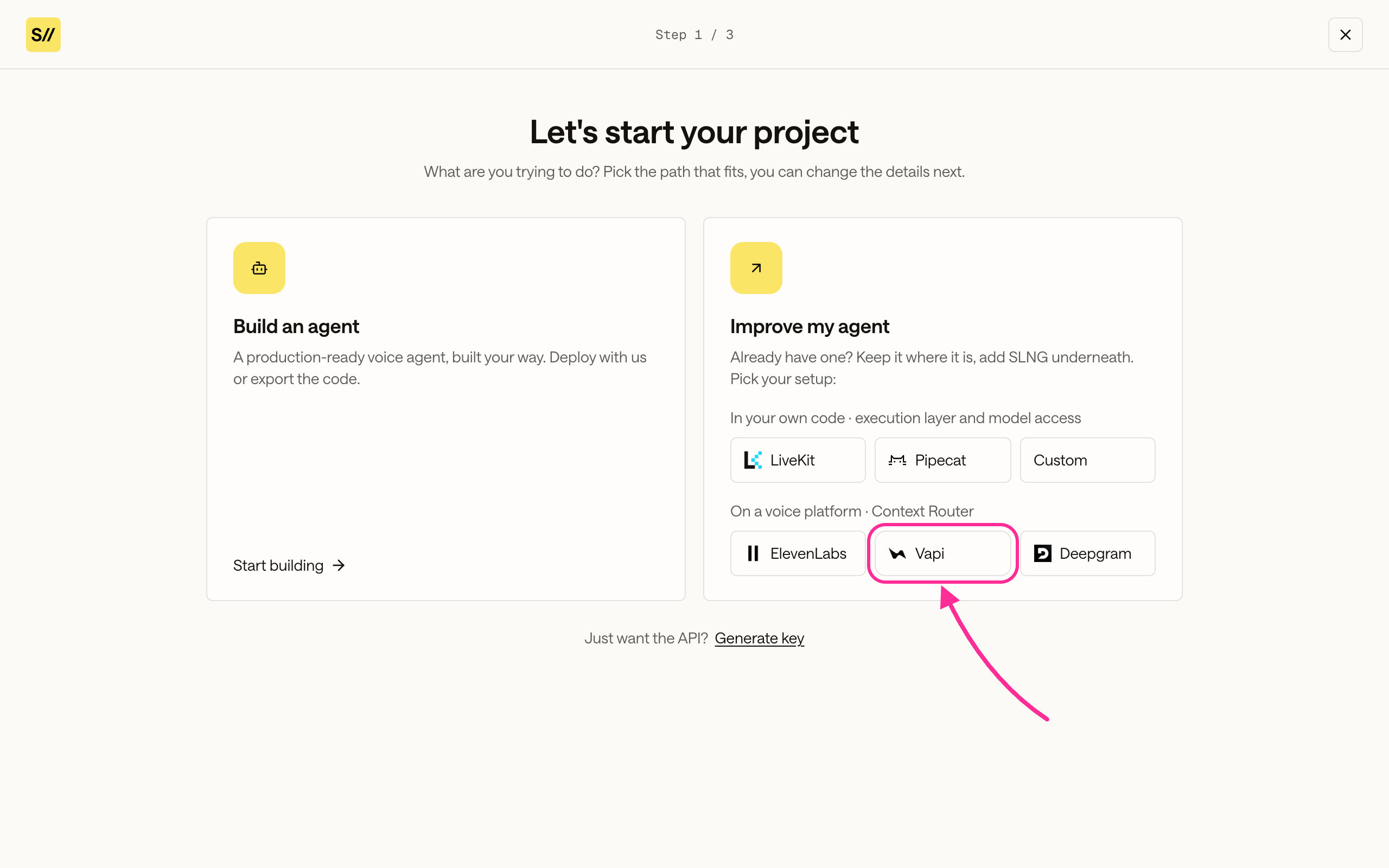 New project chooser with the Vapi voice platform highlighted