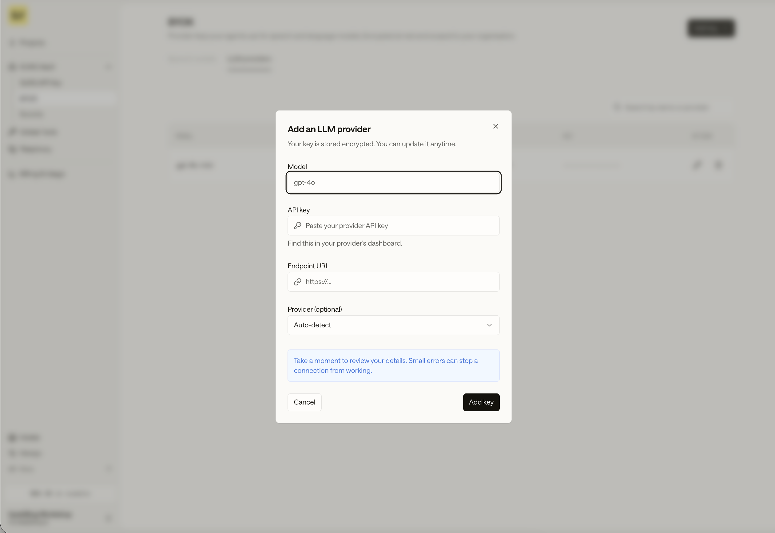 The Add an LLM provider dialog with Model, API key, Endpoint URL, and Provider fields
