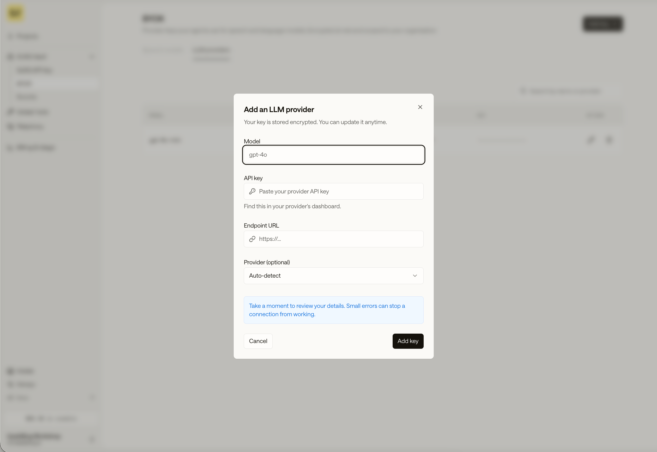 The Add an LLM provider dialog with Model, API key, Endpoint URL, and Provider fields