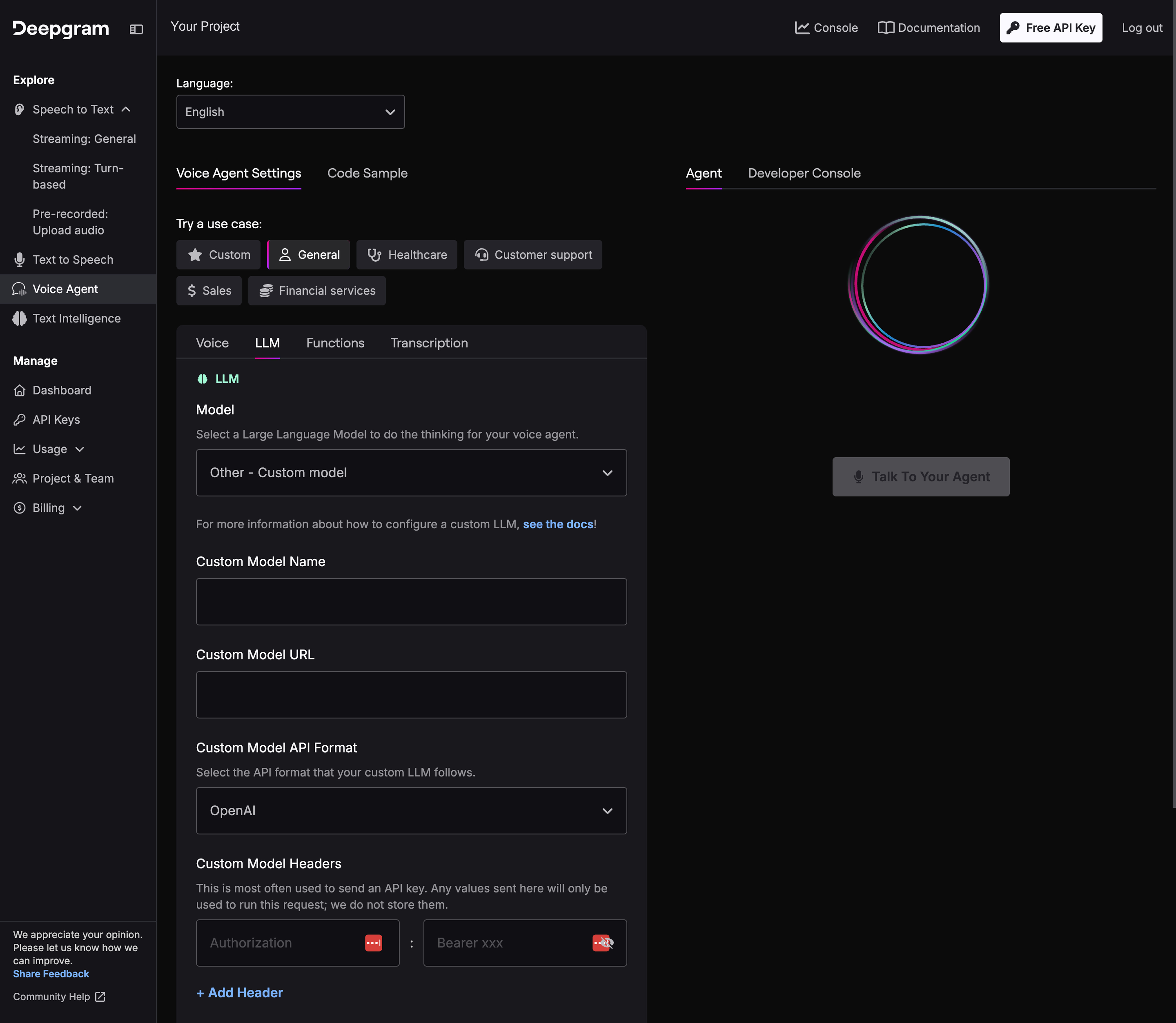 Deepgram Voice Agent LLM tab with the custom model name, URL, API format, and headers fields