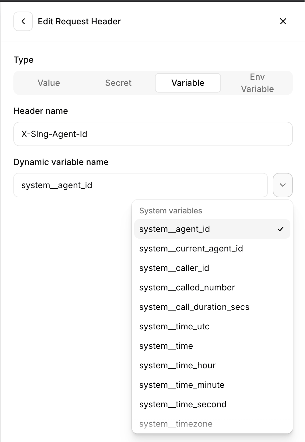 ElevenLabs Edit Request Header panel with X-Slng-Agent-Id mapped to the system__agent_id variable