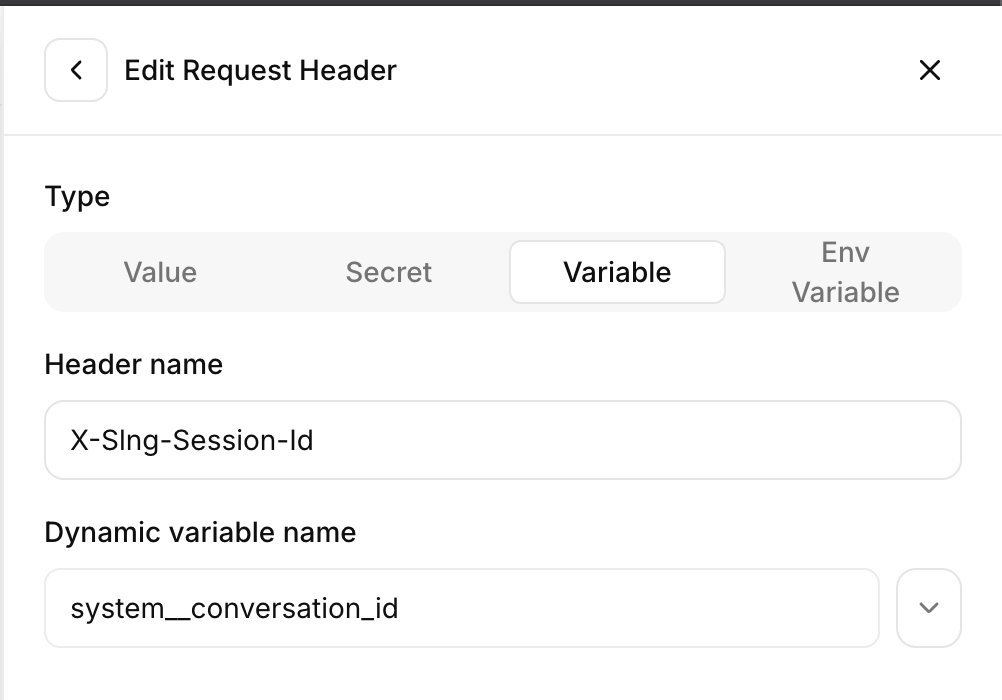 ElevenLabs Edit Request Header panel with X-Slng-Session-Id mapped to the system__conversation_id variable