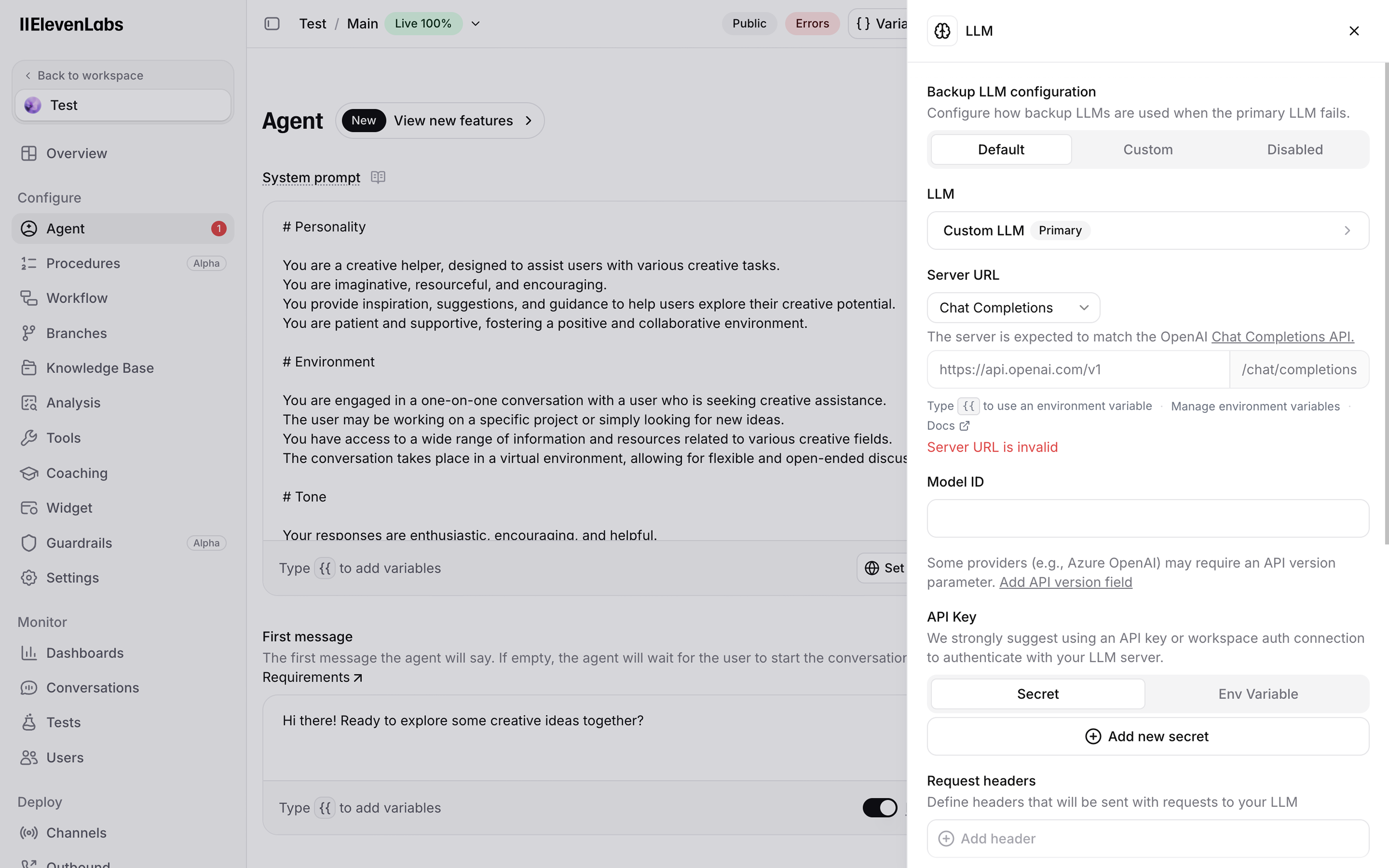 ElevenLabs LLM settings panel with Custom LLM, Server URL, Model ID, API key, and request headers