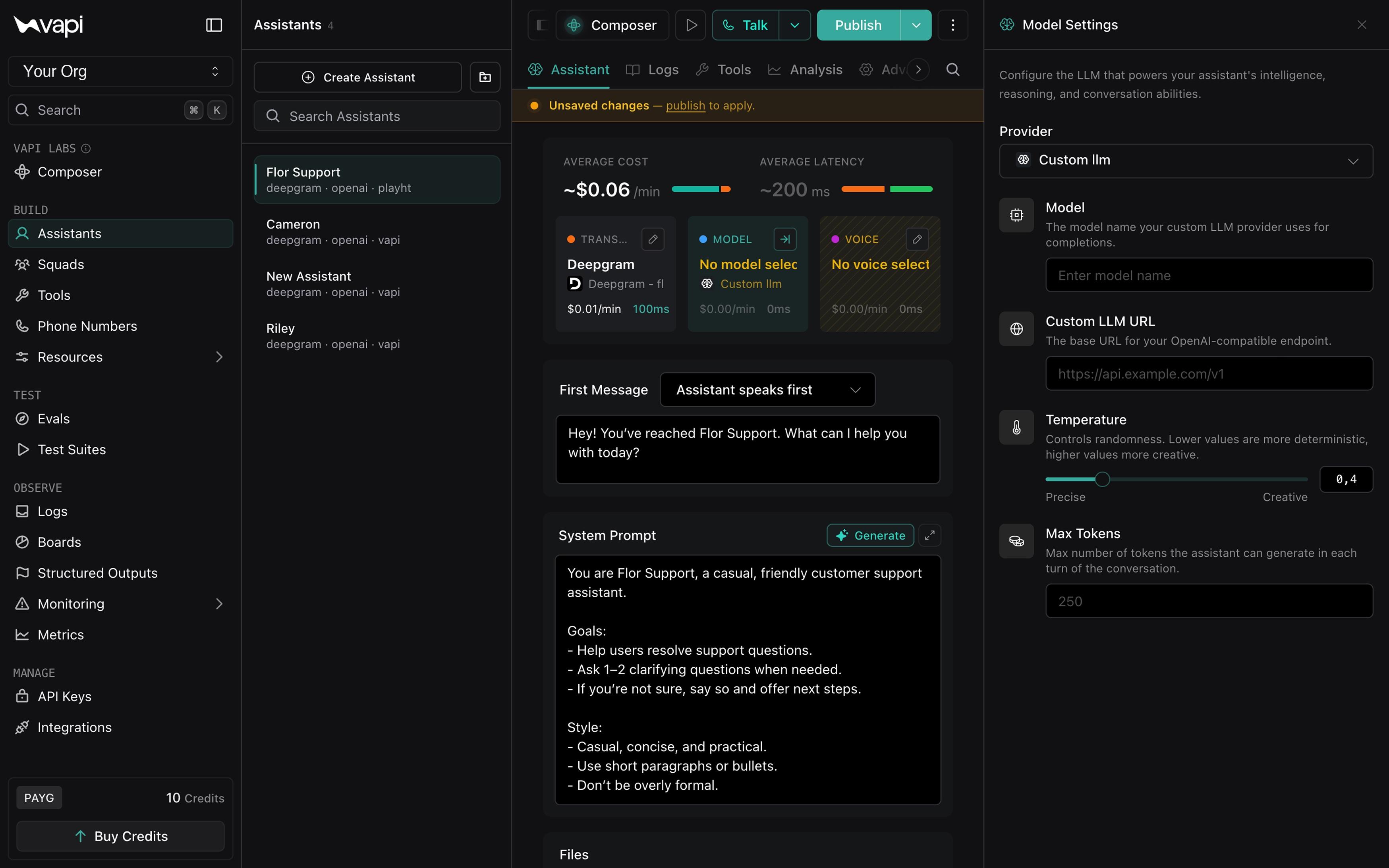 Vapi Model Settings panel with the Custom llm provider, Model, and Custom LLM URL fields