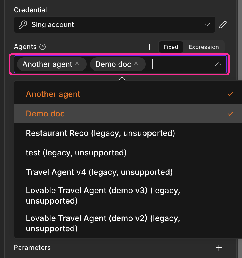 The Agents selector in the SLNG Trigger node
