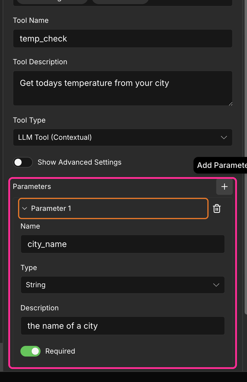 The SLNG Trigger node with tool settings and a parameter