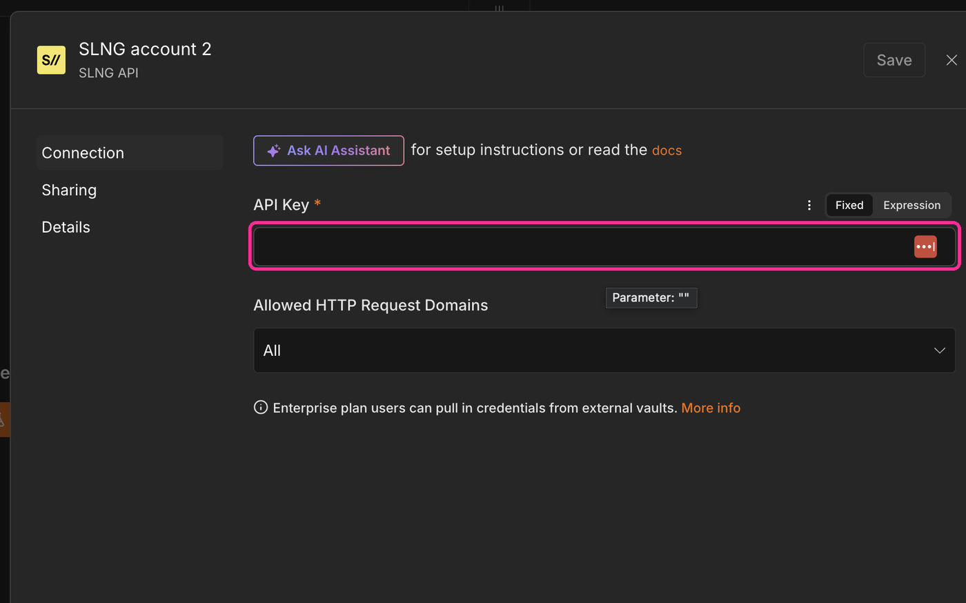 The SLNG API credential dialog in n8n