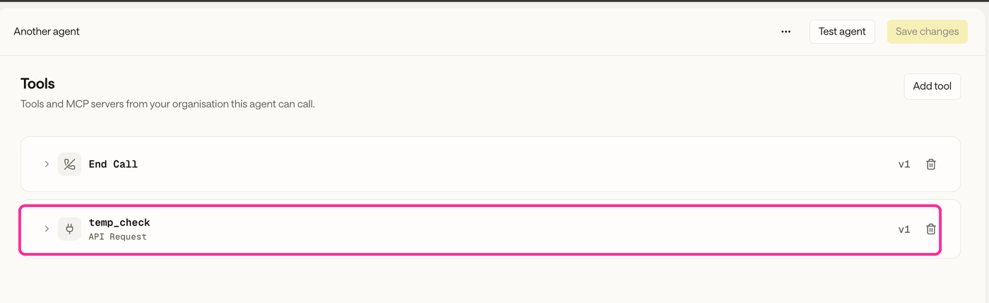 The n8n workflow tool on an agent's Tools page