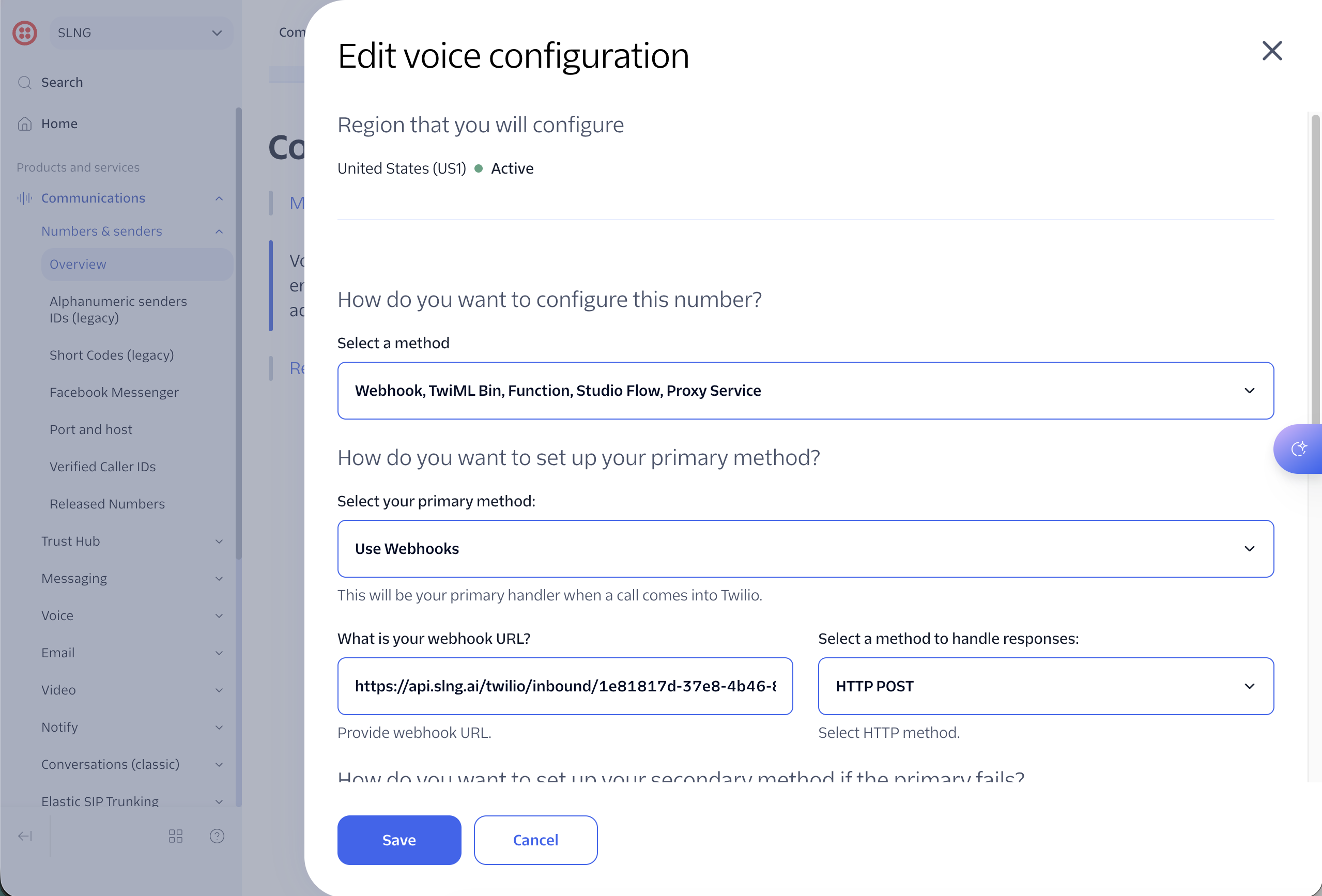 Twilio Edit voice configuration screen with the voice webhook set to the SLNG inbound URL and HTTP POST