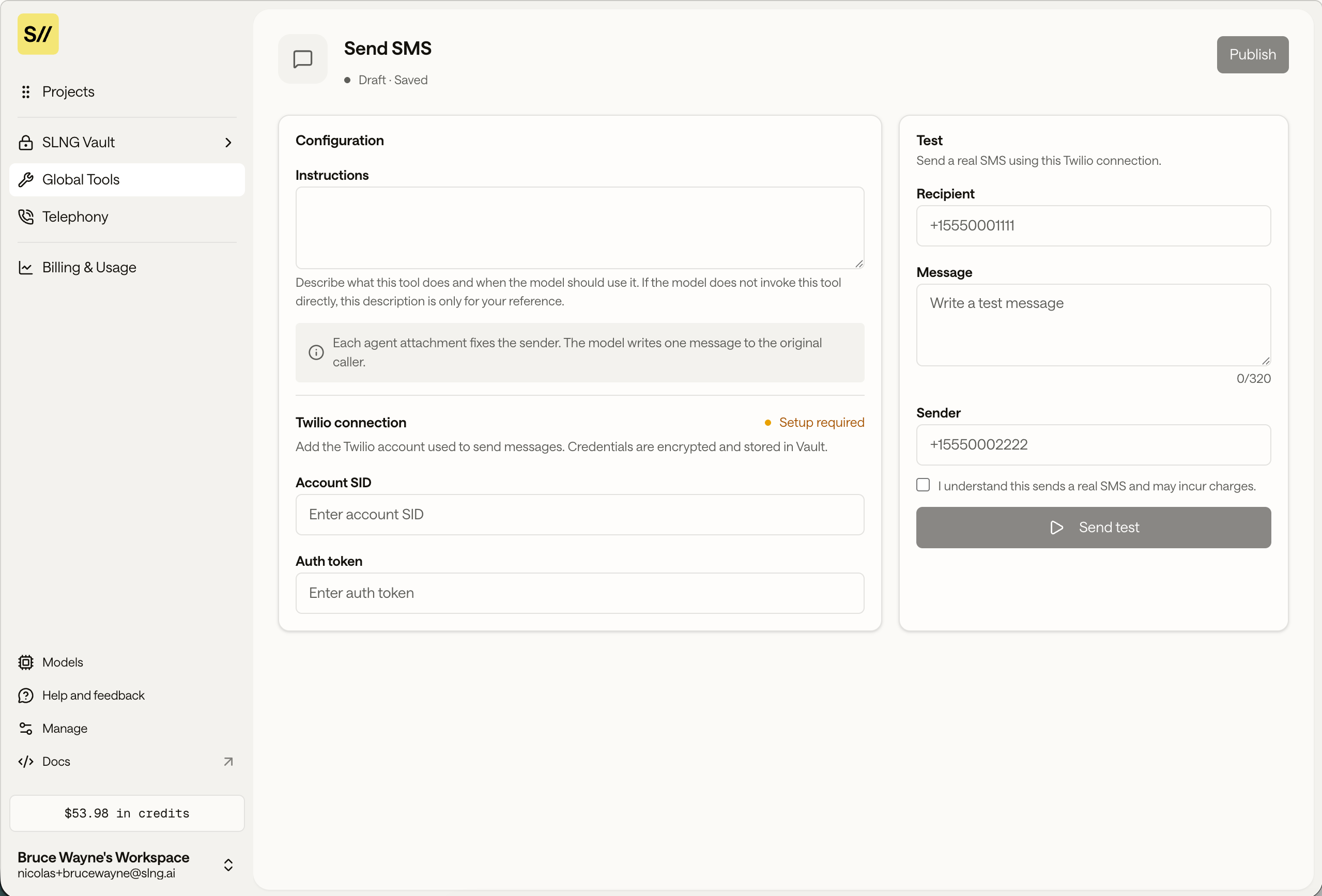 The Send SMS editor with Twilio credentials and the Test panel