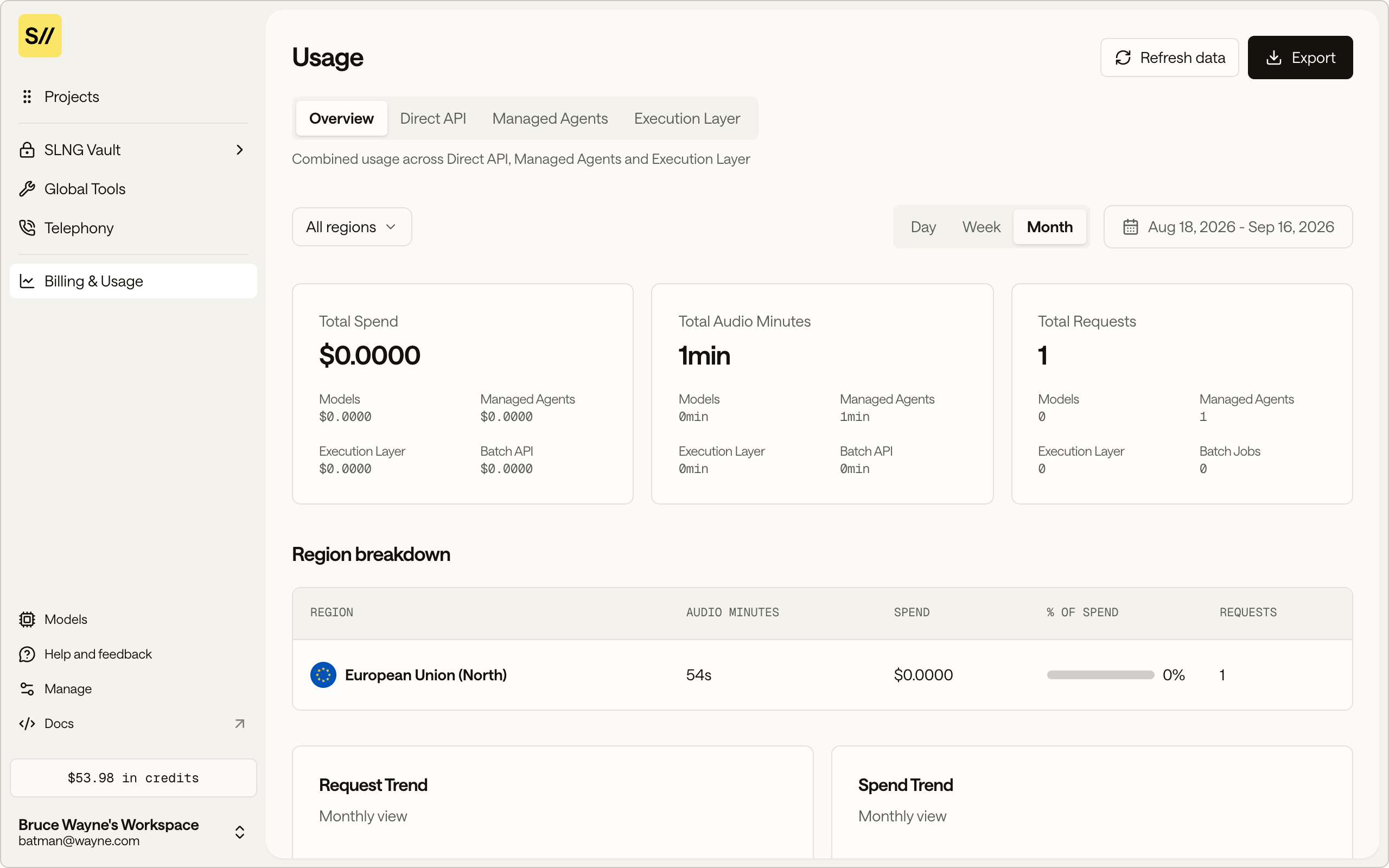 The Billing and Usage dashboard showing total spend, audio minutes, and requests