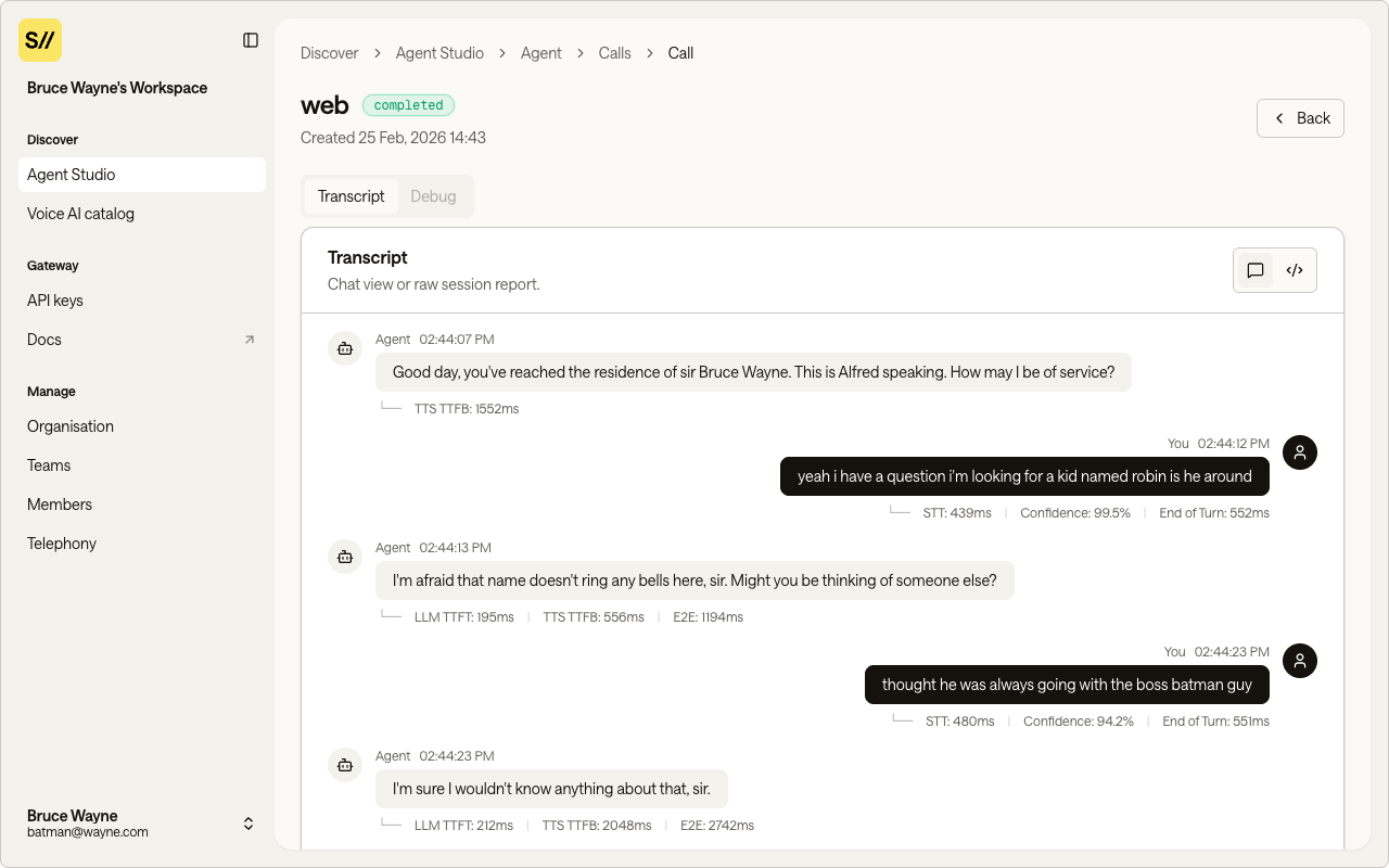 Agent Studio call details showing status, transcript, and metadata