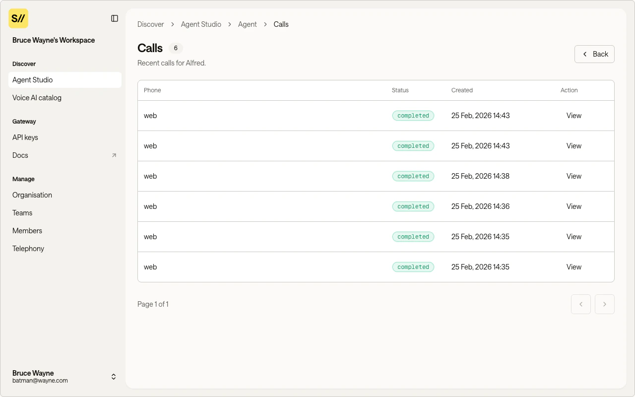 Agent Infra calls list showing call history