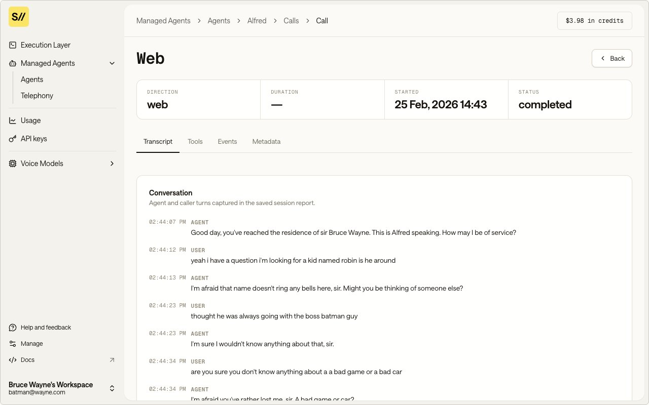 Agent Infra call details showing status, transcript, and metadata