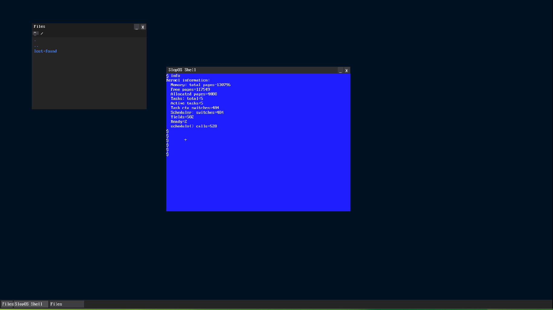 SlopOS running with the Shell and Files applications - January 20, 2026