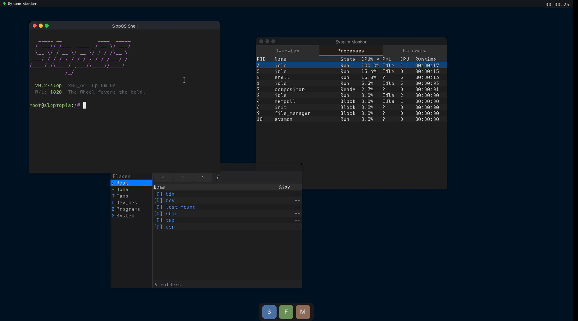 SlopOS running with the Shell and Files applications - April 23, 2026