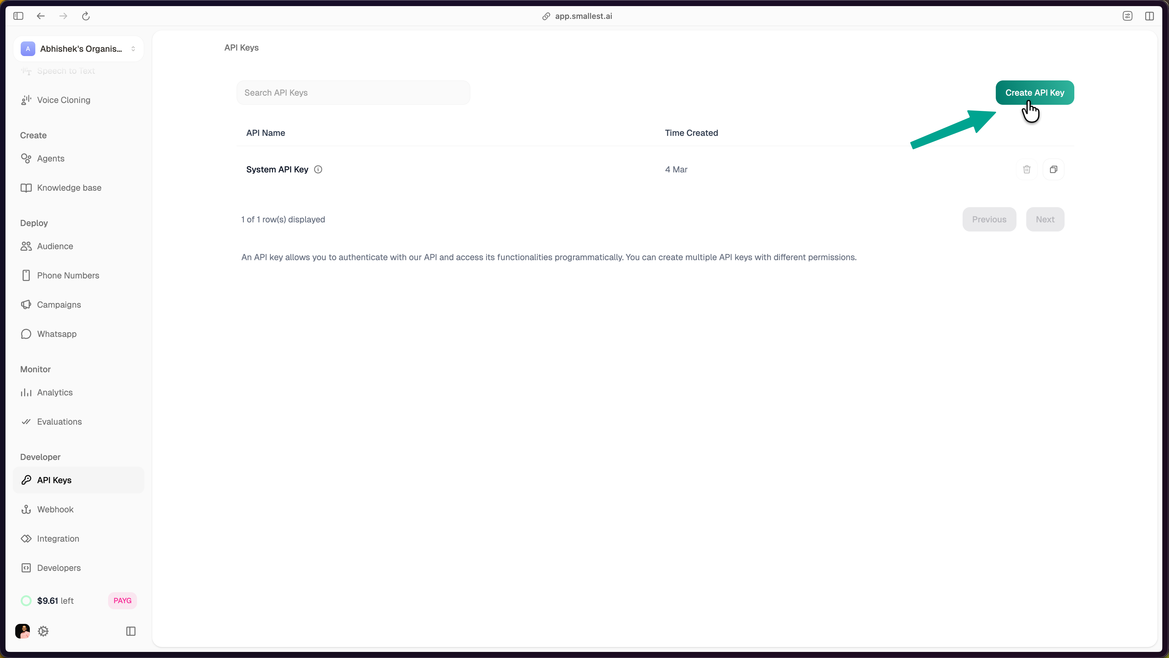 API Keys page showing the Create API Key button in the top-right corner