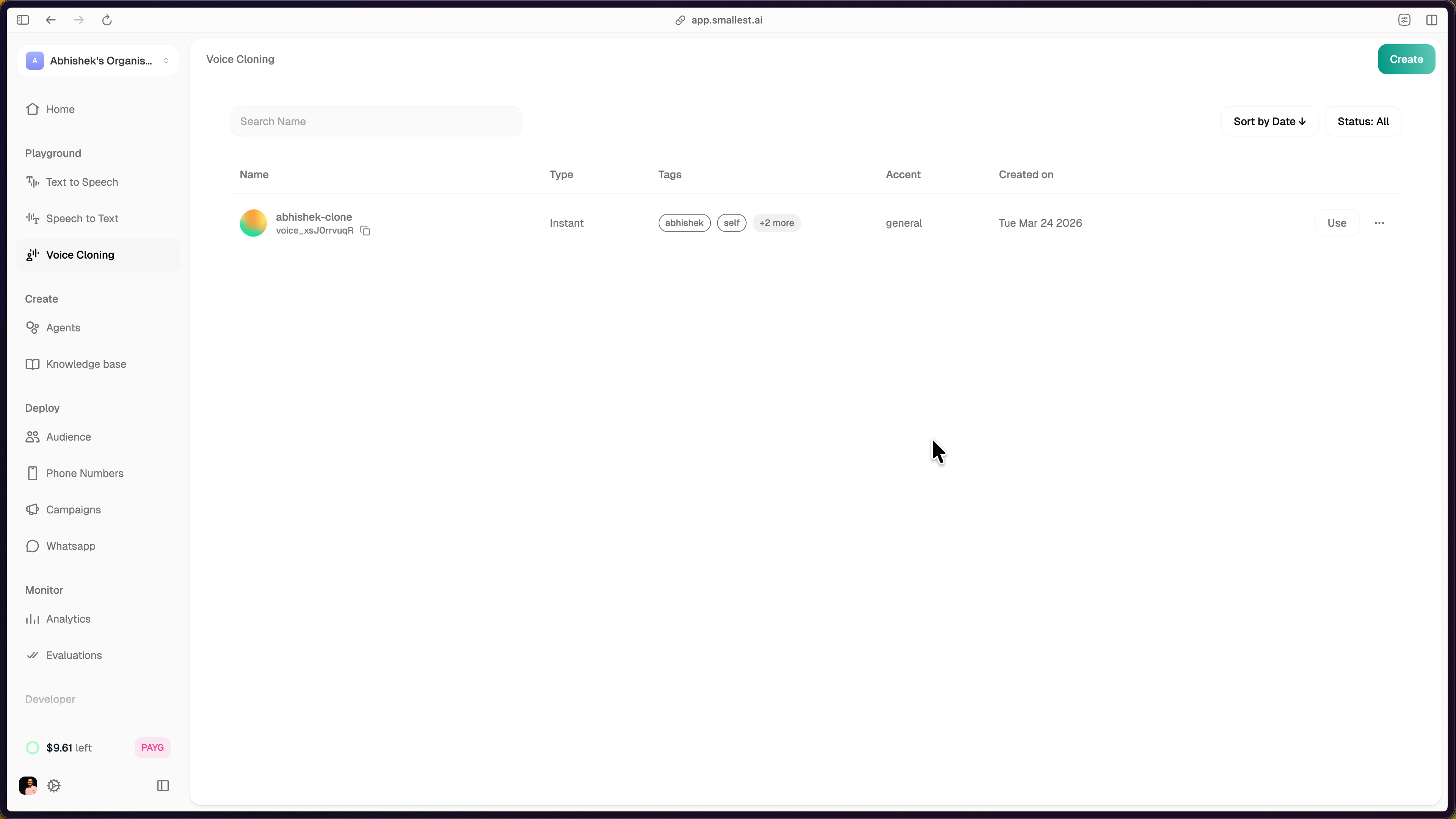 Voice Cloning dashboard listing cloned voices with name, type, tags, accent, and creation date