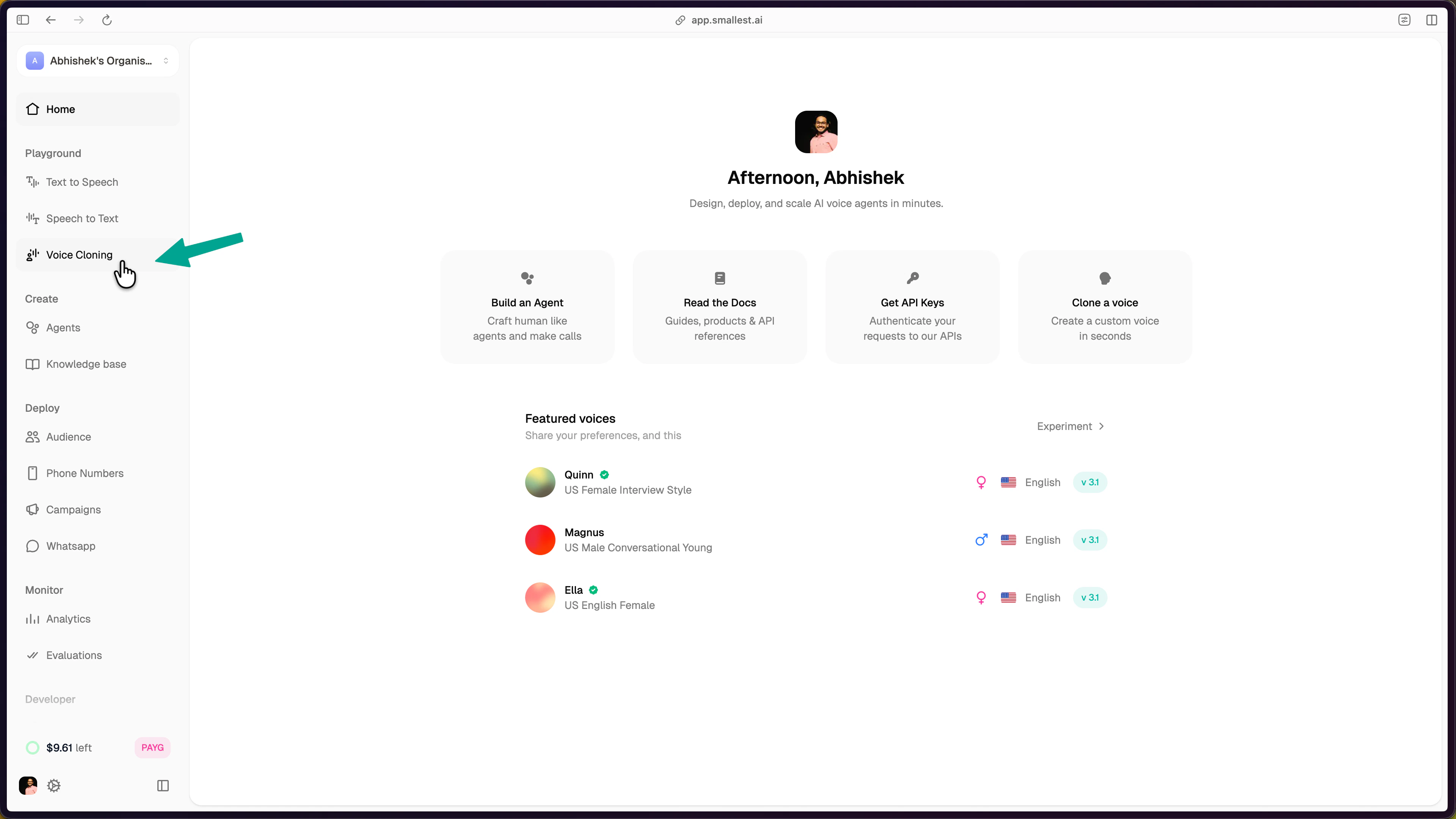 Smallest AI dashboard with Voice Cloning highlighted in the left sidebar