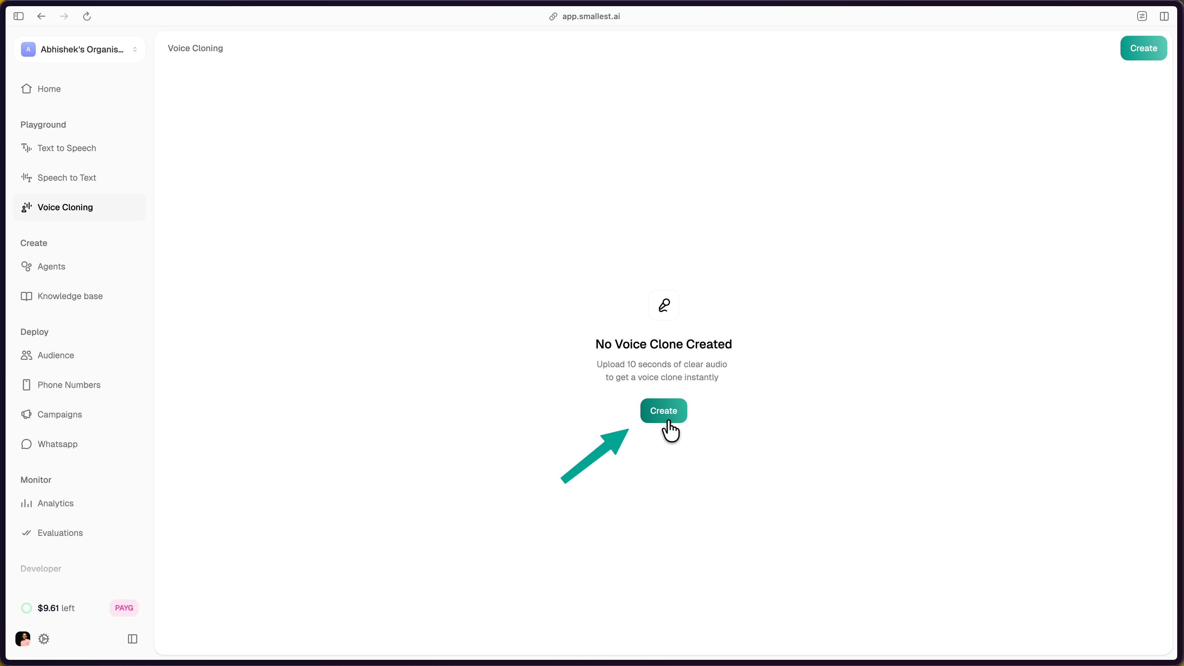 Voice Cloning page showing the Create button