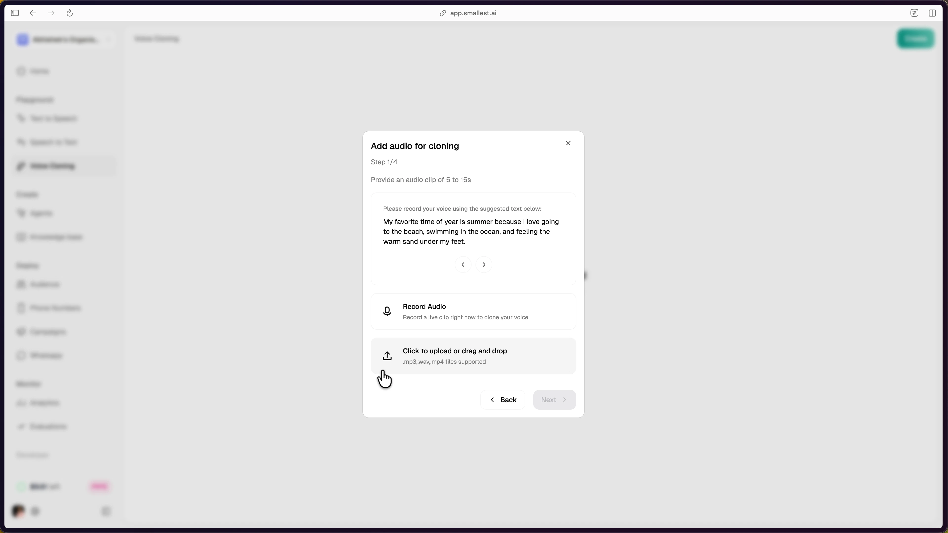 Add audio for cloning dialog showing Record Audio and upload options
