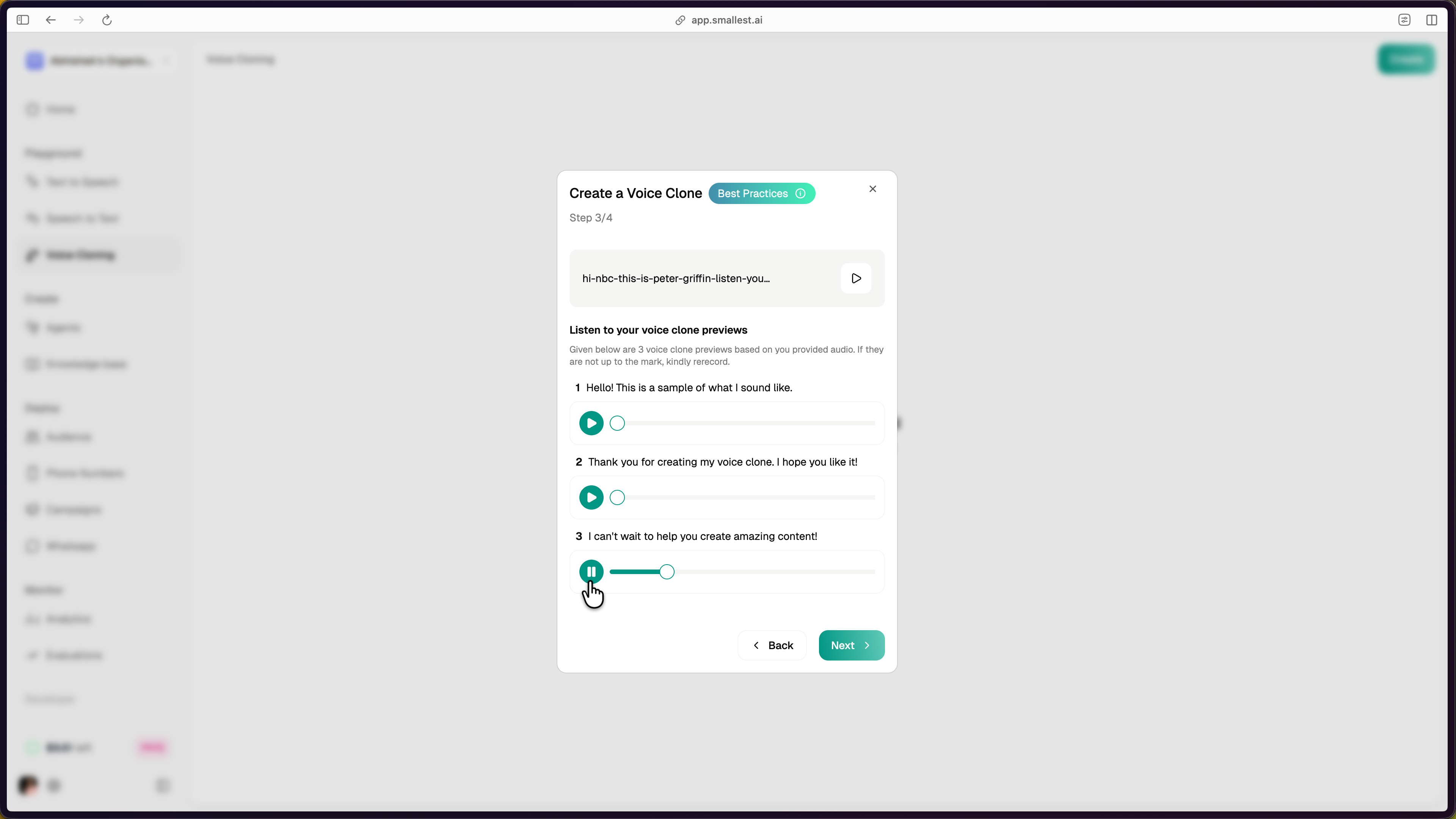 Voice clone preview dialog showing three generated audio samples with playback controls