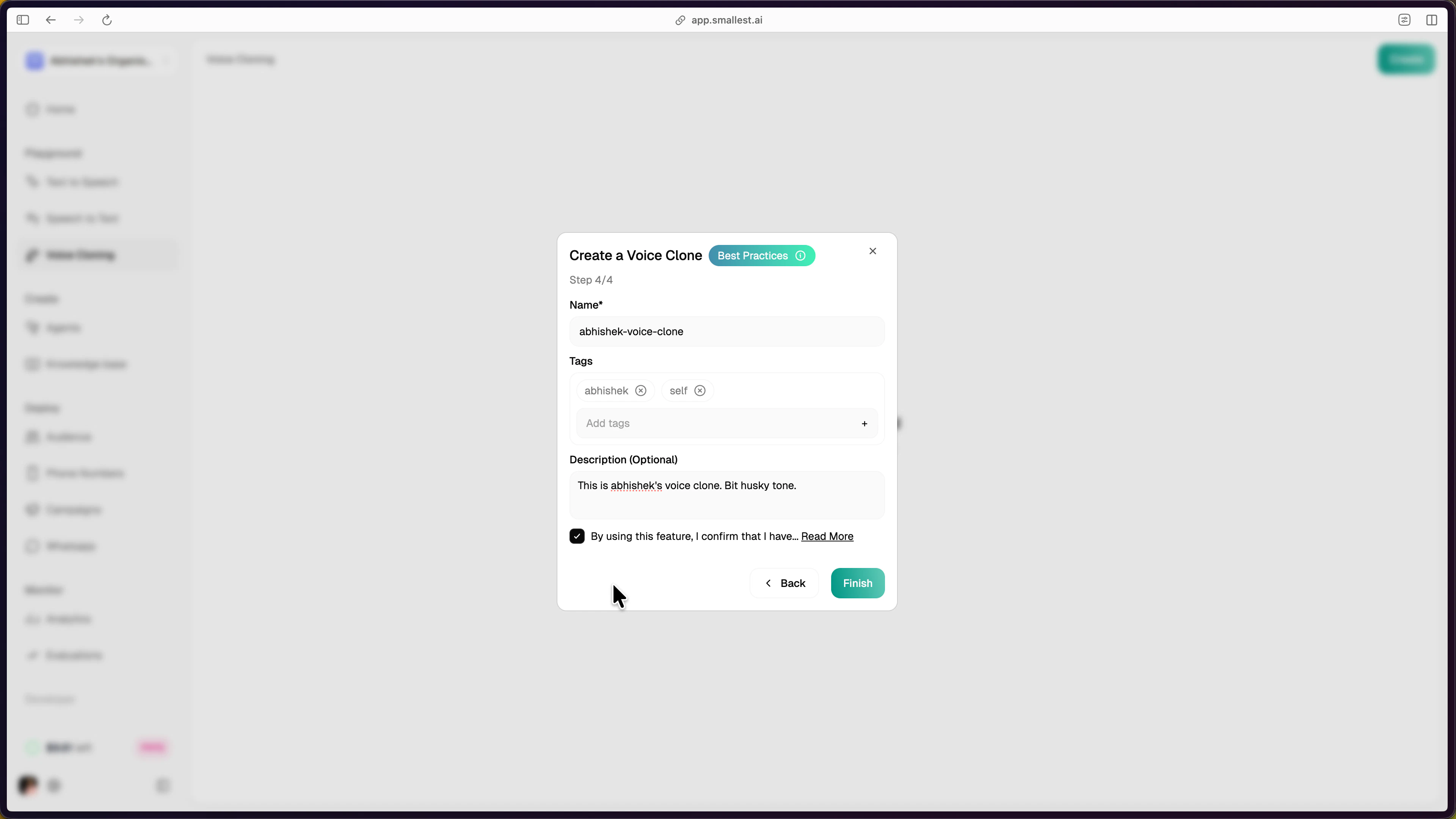 Create a Voice Clone dialog showing name, tags, and description fields with Finish button
