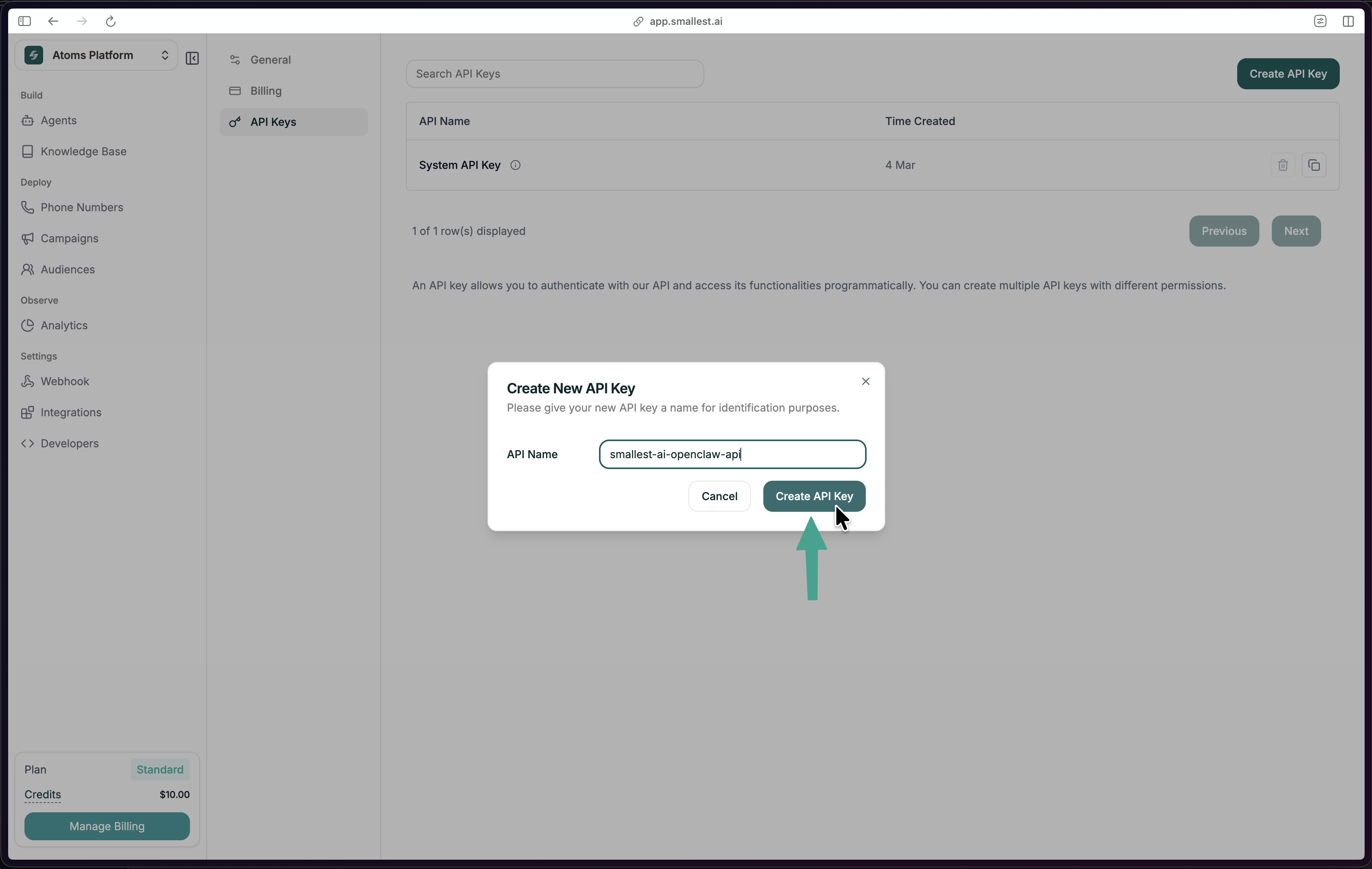 Create New API Key dialog with name field and create button