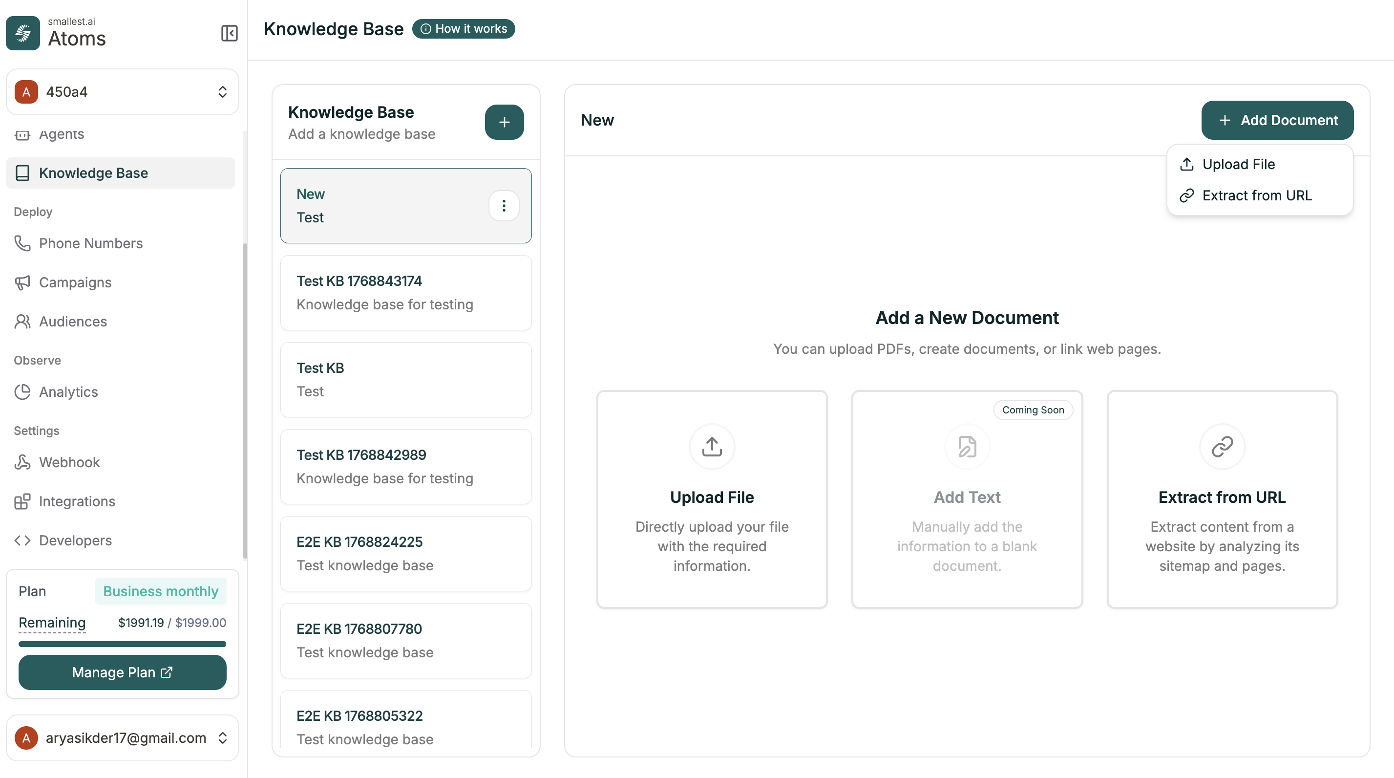Add Document dropdown