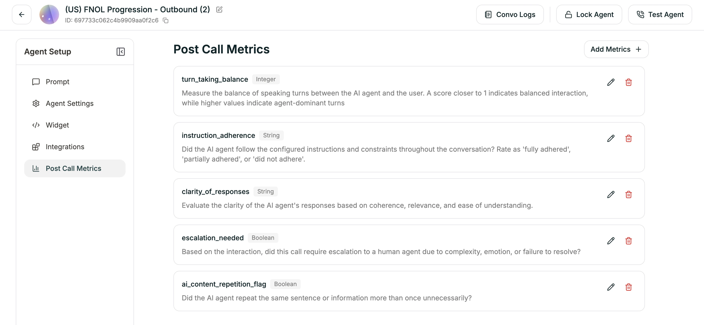 Post-call metrics list