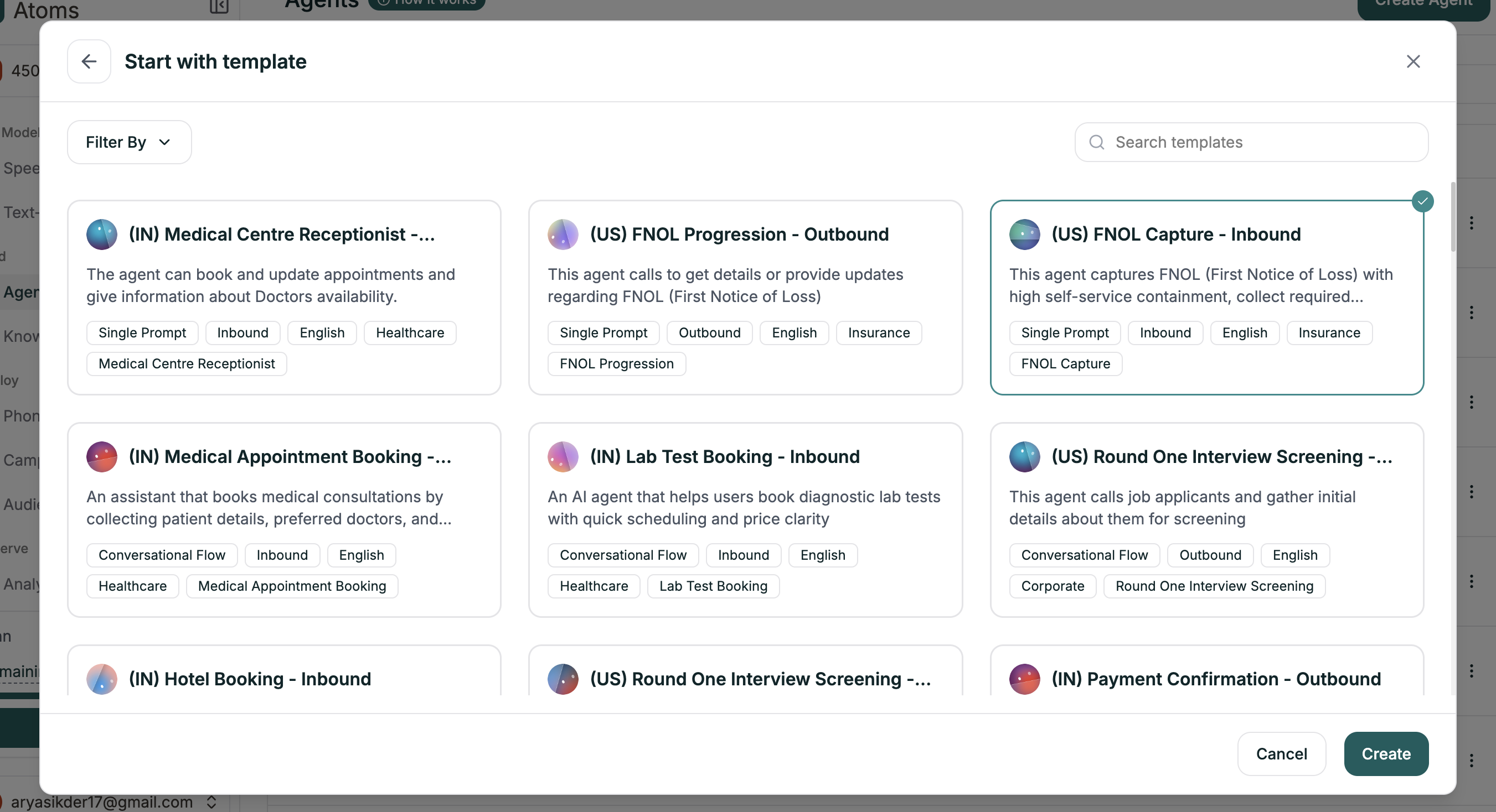 Template selection screen