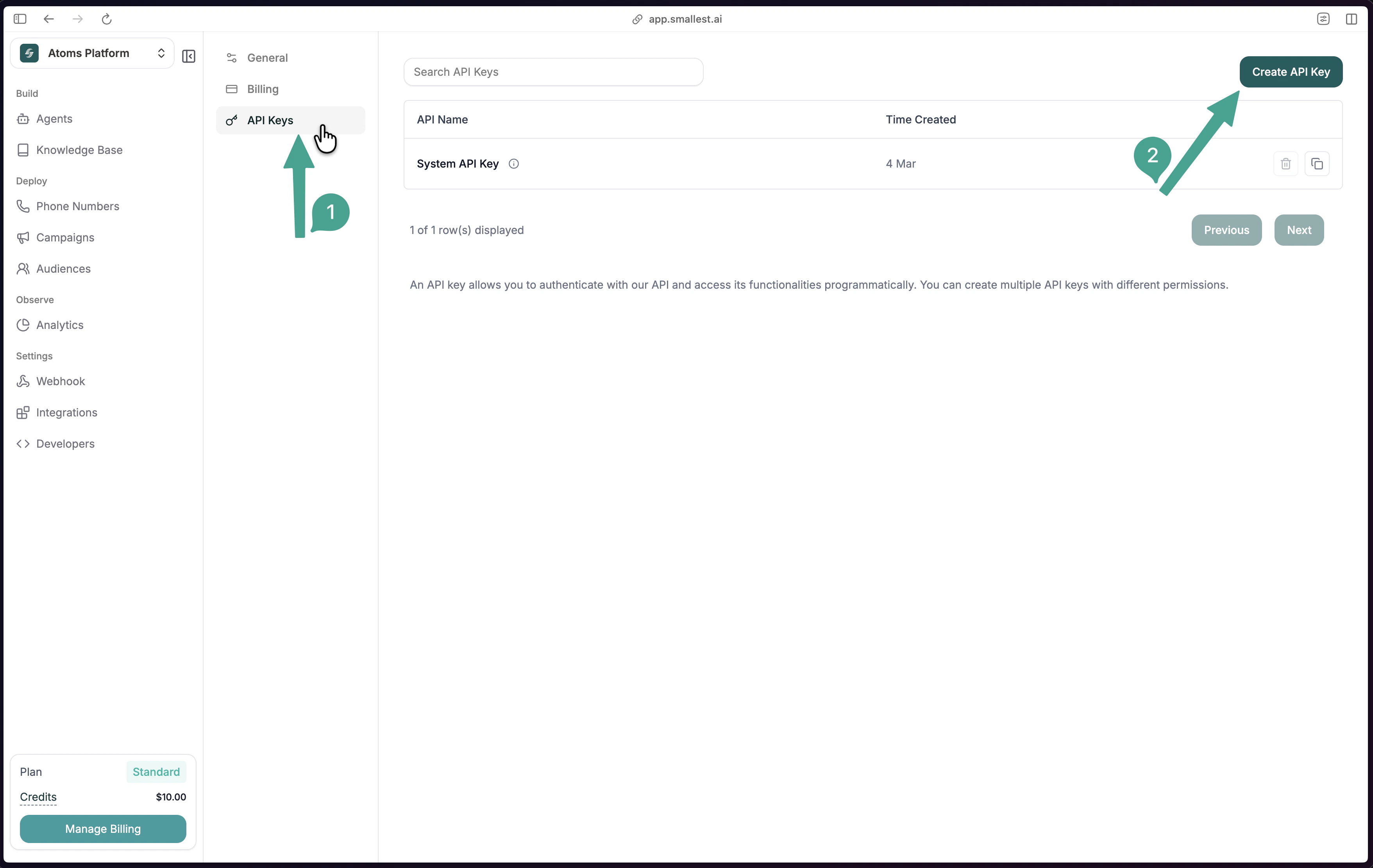 Atoms platform API Keys page with the Create API Key button highlighted