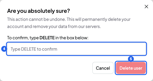 Are you absolutely sure? window with the box to type DELETE numbered 4 and the Delete user button numbered 5