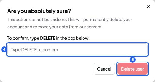 Are you absolutely sure? window with the box to type DELETE numbered 4 and the Delete user button numbered 5