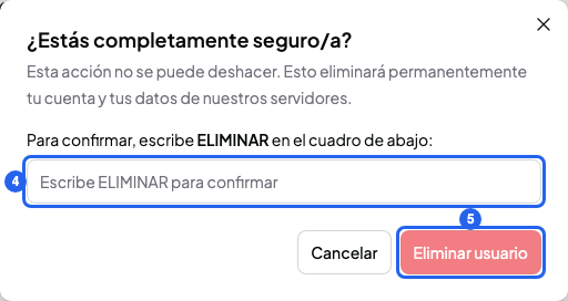 Ventana ¿Estás completamente seguro/a? con el cuadro para escribir ELIMINAR numerado con el 4 y el botón Eliminar usuario con el 5