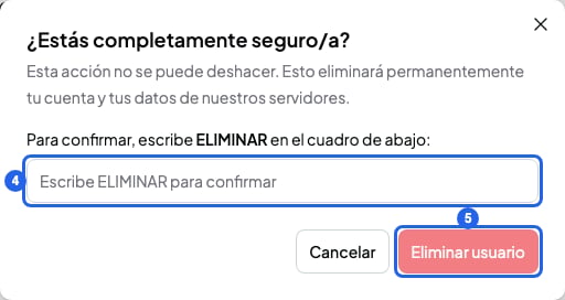 Ventana ¿Estás completamente seguro/a? con el cuadro para escribir ELIMINAR numerado con el 4 y el botón Eliminar usuario con el 5