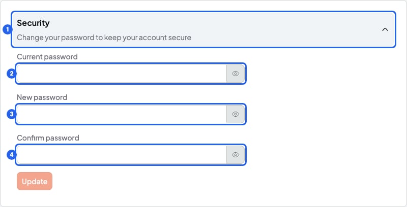 Security card open with the Current password, New password and Confirm password fields, numbered 1 to 4