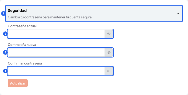 Tarjeta Seguridad abierta con los campos Contraseña actual, Contraseña nueva y Confirmar contraseña, numerados del 1 al 4