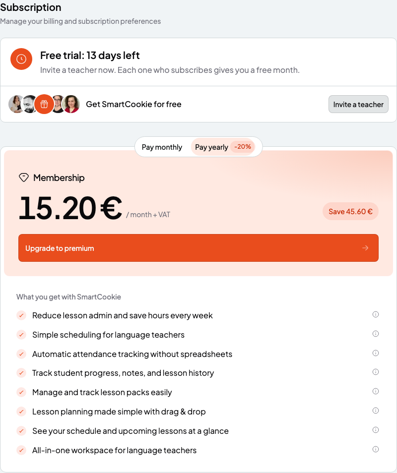 Subscription page with the free trial days left and the Membership card with the price and the Upgrade to premium button