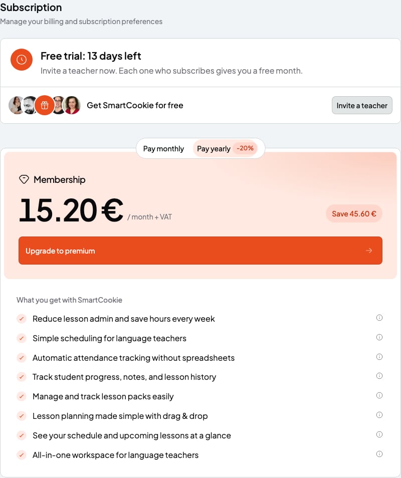 Subscription page with the free trial days left and the Membership card with the price and the Upgrade to premium button