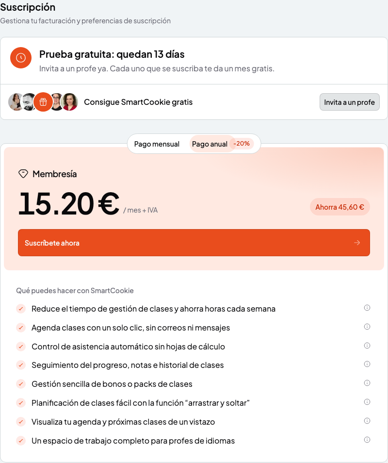 Página Suscripción con los días que quedan de prueba gratis y la tarjeta Membresía con el precio y el botón Suscríbete ahora